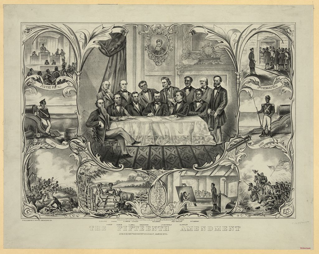 The fifteenth amendment. Print showing President Grant sitting at the center of a large table, with several men clustered around, signing the 15th amendment granting that the right to vote cannot be denied on basis of race or color. From left, sitting and standing, are "E. Stanton, H. Greley [i.e., Greeley], S. Colfax, A. Lincoln, R. Small[s], U.S. Grant, Chs. Sumner, W.F. Seward, Lt. Gov. Revels, Fred. Douglass, B.J. [i.e., F.] Butler, [and] W.T. Sherman." Vignettes along sides and bottom show African Americans in military service, at school, on the farm, and voting. A head-and-shoulders portrait of John Brown is hanging on the wall in the background.